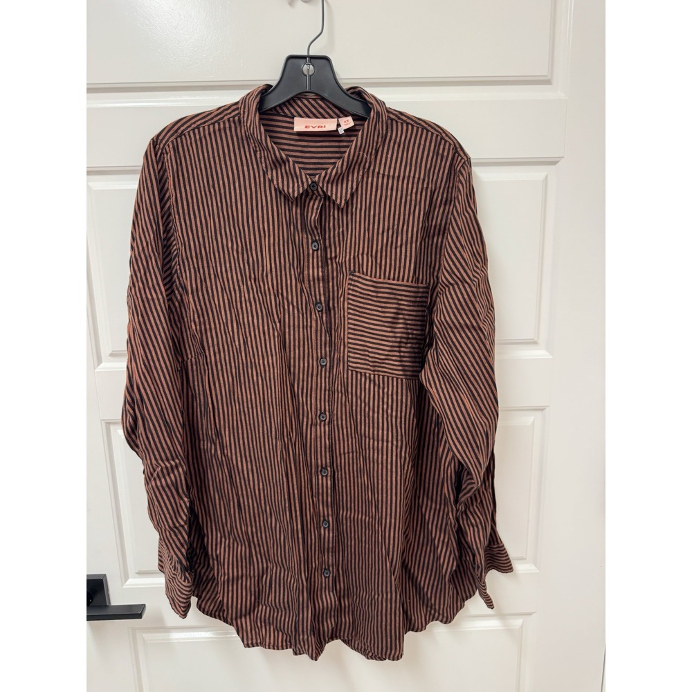 Evri Womens 2X Blouse Button Front Shirt Vertical Stripe Brown Black Pocket